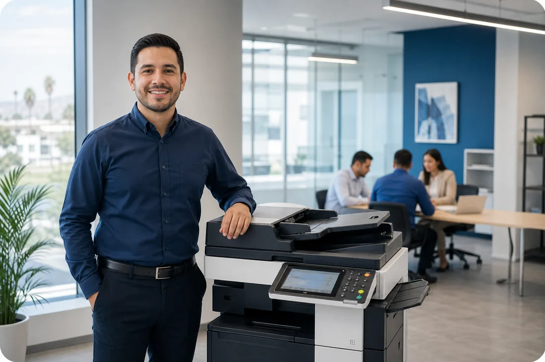 Asesor de Imprime Soluciones junto a equipo multifuncional